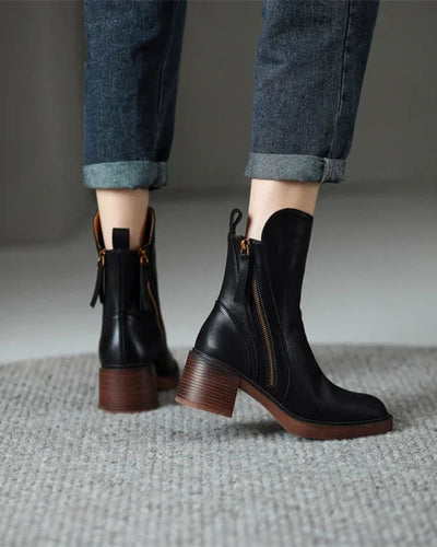 Garciel | Black leather ankle boots with comfortable heels, elegant and timeless