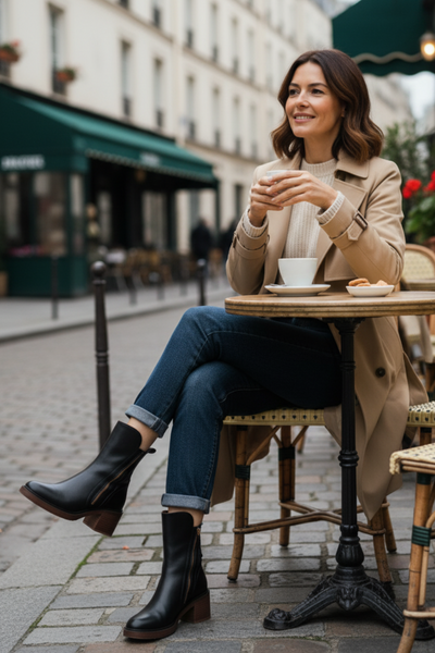 Garciel | Black leather ankle boots with comfortable heels, elegant and timeless