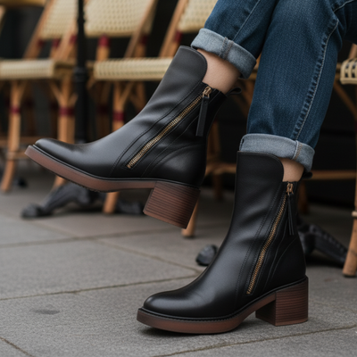 Garciel | Black leather ankle boots with comfortable heels, elegant and timeless