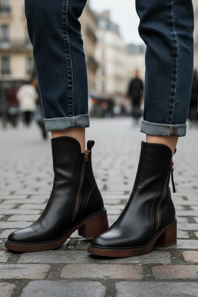 Garciel | Black leather ankle boots with comfortable heels, elegant and timeless