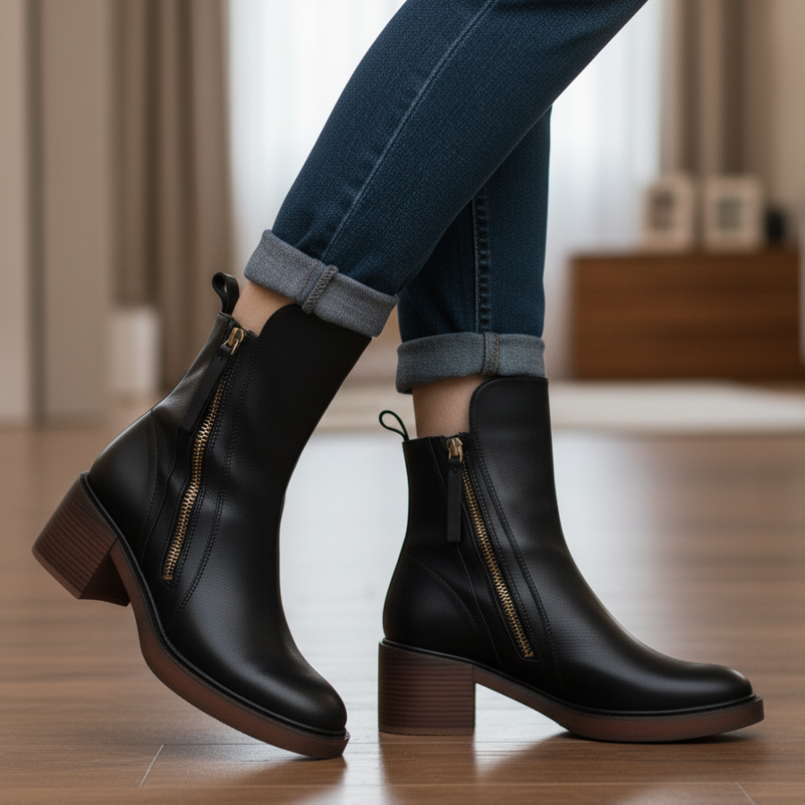 Garciel | Black leather ankle boots with comfortable heels, elegant and timeless