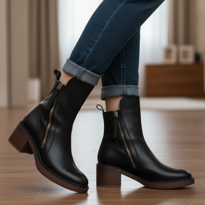 Garciel | Black leather ankle boots with comfortable heels, elegant and timeless