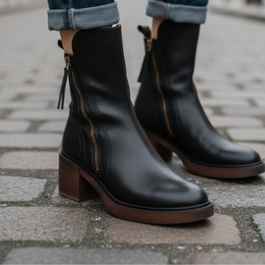 Garciel | Black leather ankle boots with comfortable heels, elegant and timeless
