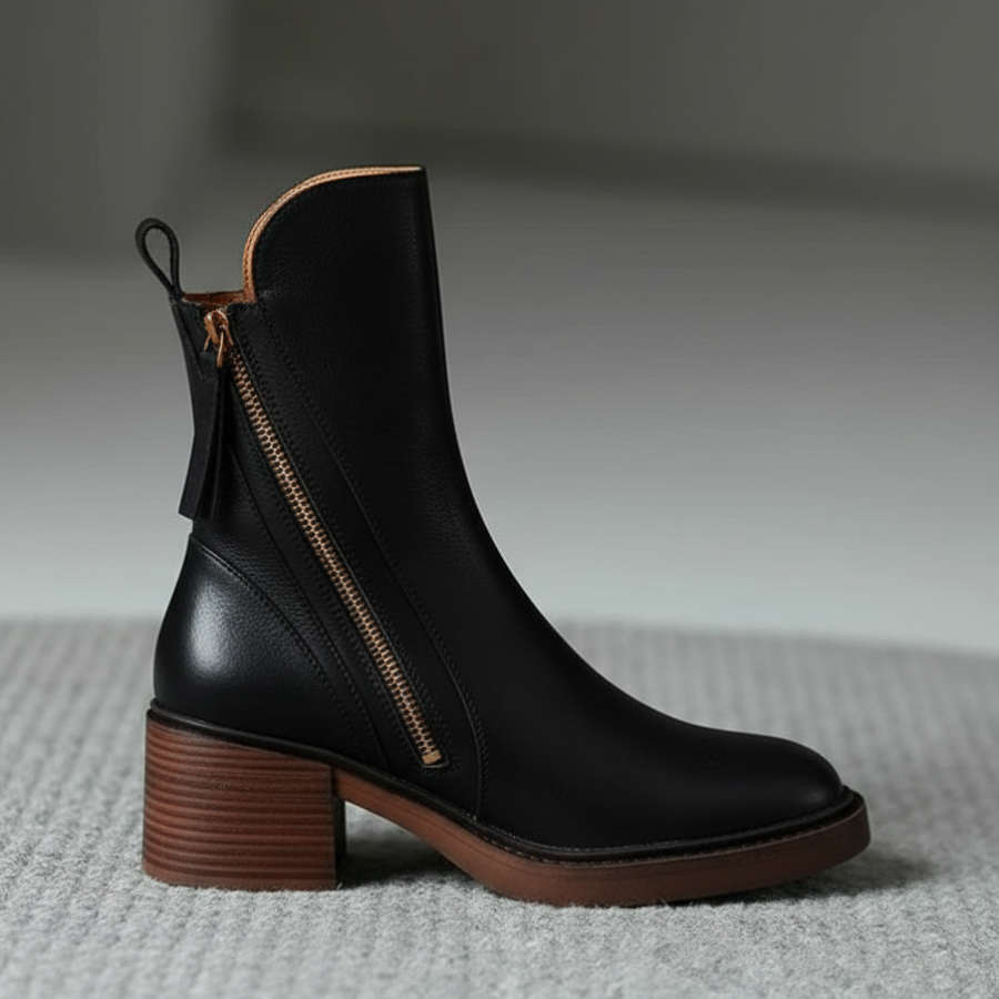Garciel | Black leather ankle boots with comfortable heels, elegant and timeless
