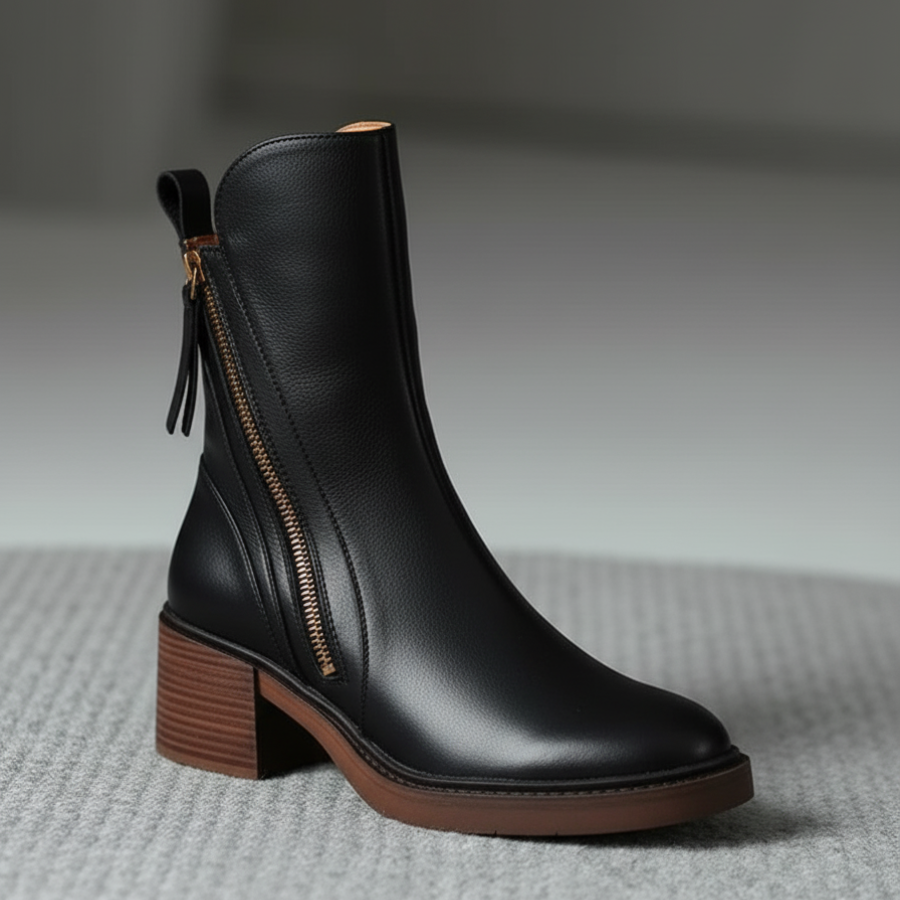 Garciel | Black leather ankle boots with comfortable heels, elegant and timeless