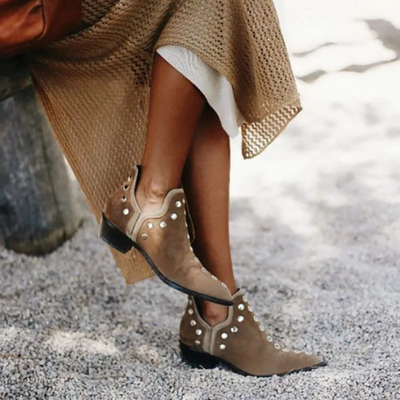 Suede/Leather Ankle Boots for Women – Boho Chic Style with Studs | Comfortable and Versatile