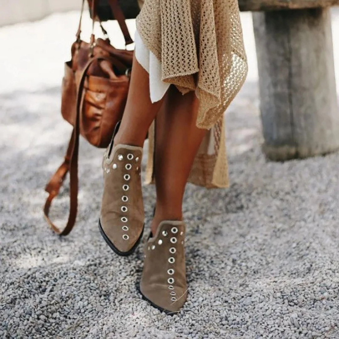 Suede/Leather Ankle Boots for Women – Boho Chic Style with Studs | Comfortable and Versatile