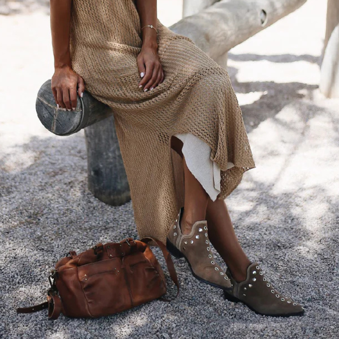 Suede/Leather Ankle Boots for Women – Boho Chic Style with Studs | Comfortable and Versatile