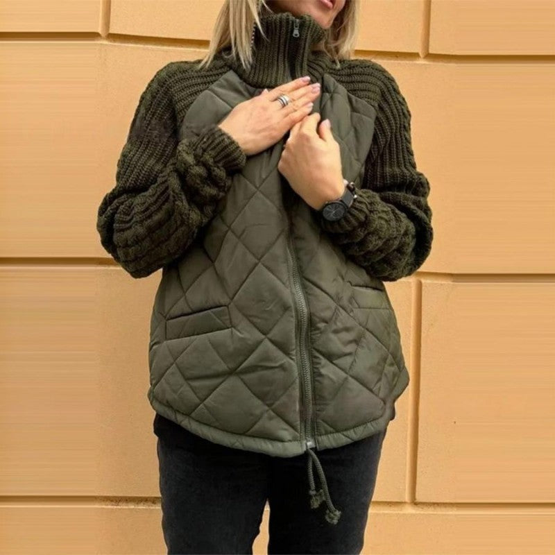 Women's knitted, patchwork puffer jacket