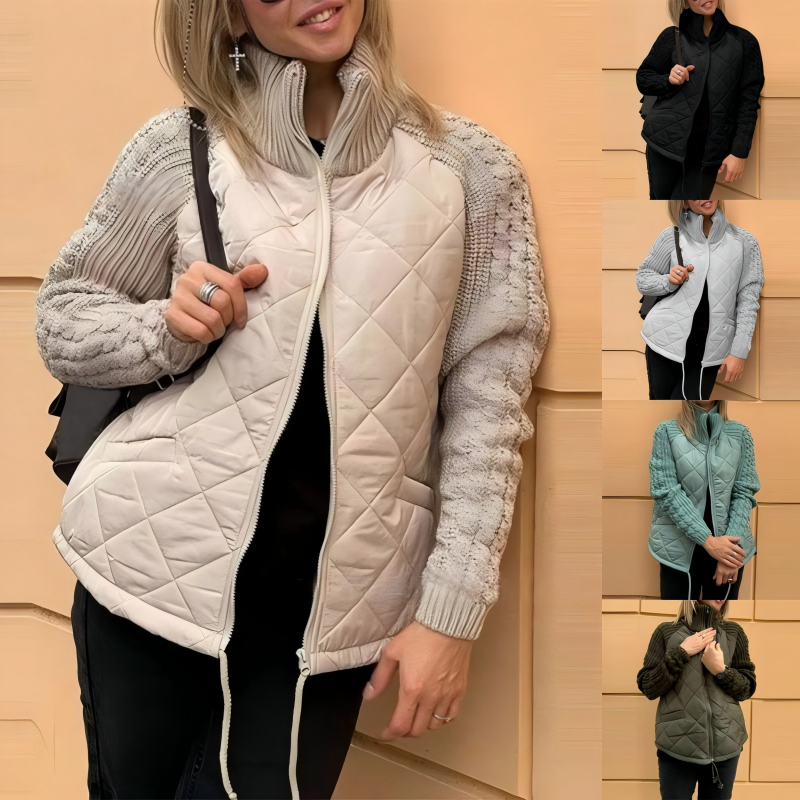 Women's knitted, patchwork puffer jacket