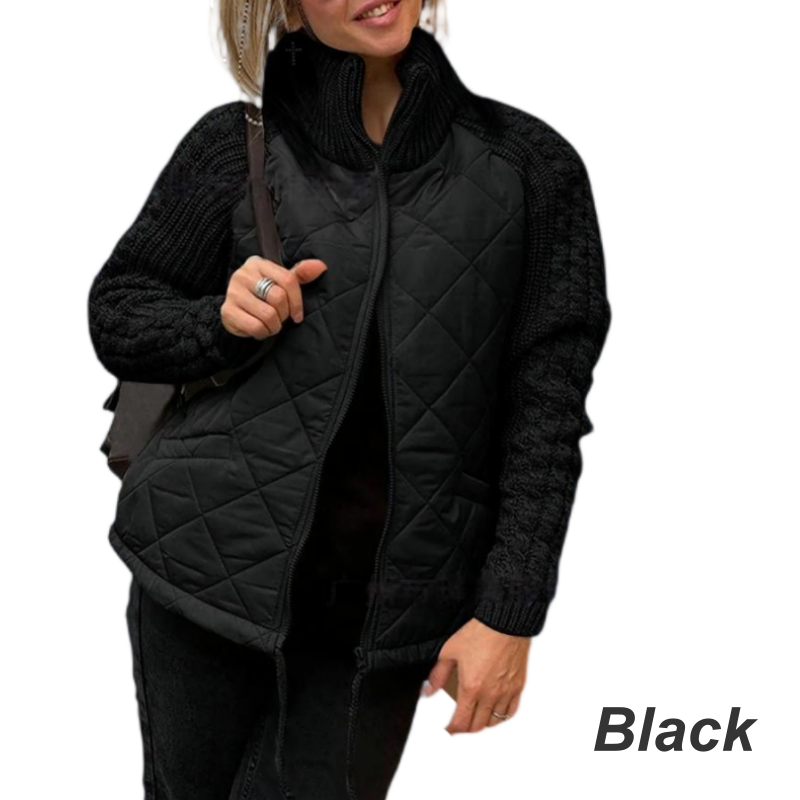 Women's knitted, patchwork puffer jacket